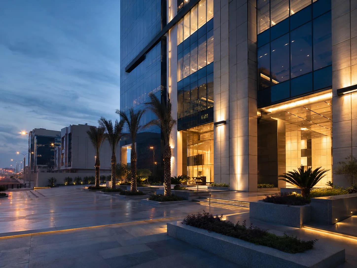 Modern E.T Solutions building at dusk