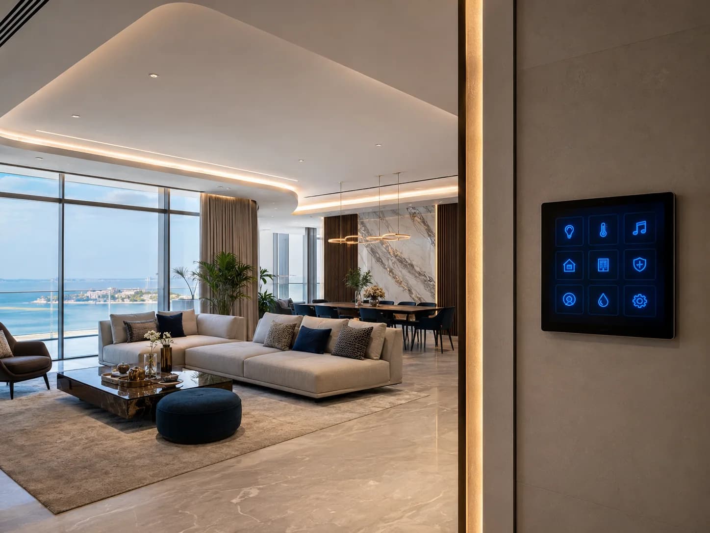 Smart living room with connected devices and a wall control panel